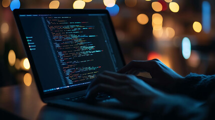 Close-up of hands typing on a laptop with code on the screen in a dimly lit room with bokeh lights.