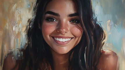 A smiling woman with long dark hair in a painting.