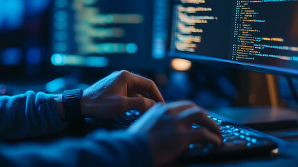 Close-up of hands typing on a keyboard with a computer screen displaying code in the background.