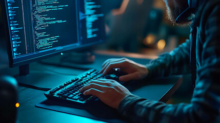 A programmer works late at night, typing code on a keyboard.