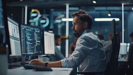 Software developer is sitting at his desk, coding on multiple monitors with code lines in the background of an office environment technology showcasing software development