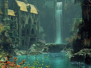 Canvas Print - Enchanted Forest Waterfall and Castle Ruins