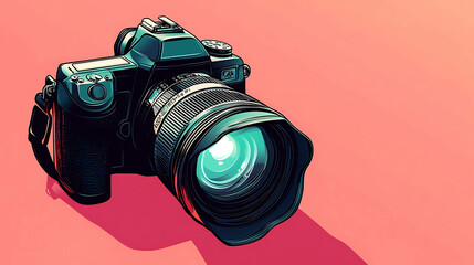 Wall Mural - A black camera with a large lens on a pink background.