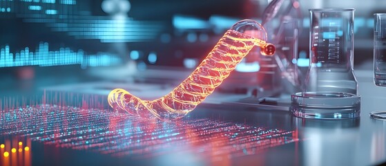 DNA sequencing machine at work in a sterile lab, glowing with digital data streams.,