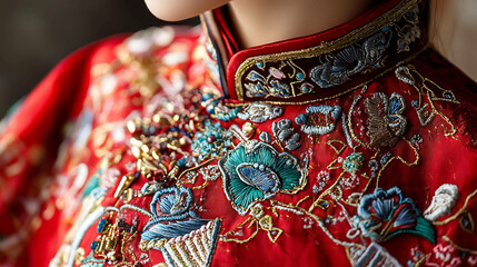 Close-up of intricate embroidery on a traditional Chinese wedding dress.