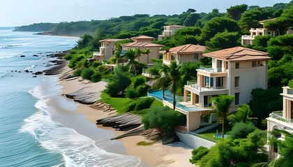 Villas and luxurious houses surrounded by green trees along the coast overlook the beautiful scene of waves tapping on the beach.