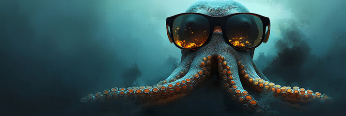 A cool octopus wearing sunglasses underwater.