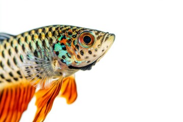 Mystic portrait of Leopard Guppy Fish in studio, copy space on right side, Close-up View, isolated on white background