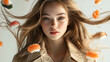 © Thiti - dynamic splashes of sushi and sashimi levitating around her against a clean white background-6
