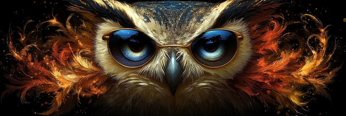 Wall Mural - A close-up of an owl wearing sunglasses with orange and gold feathers around it.