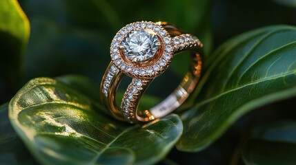 Diamond rings for men and women that overlap and rest atop a leaf that matches the rings' color and style