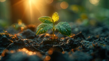 Wall Mural - New Life: A Tiny Sprout Emerging at Sunrise