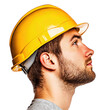 © stockpro - Side profile of a man wearing a yellow hard hat, symbolizing safety and construction work.