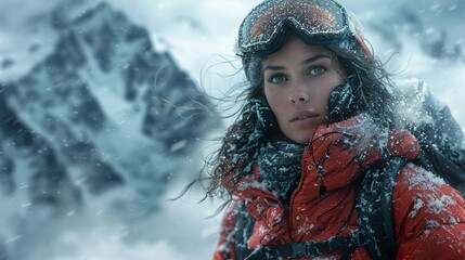 Wall Mural - Woman in Snow-Covered Mountains: A Breathtaking Winter Landscape