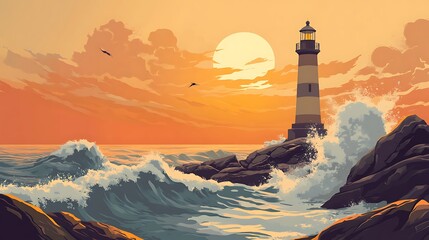 Canvas Print - Sunset Seascape with Lighthouse and Waves