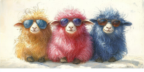 Sticker - Three sheep wearing sunglasses, one yellow, one pink, and one blue.