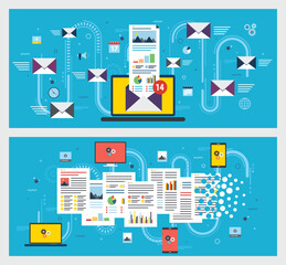 Wall Mural - Flat icon set design in internet banner template with concept of email management, planning email marketing, data deletion, and file cleanup computers, laptop, smartphones, and tablet.