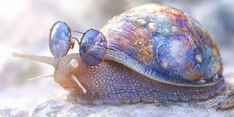 A snail with colorful shell wears stylish sunglasses.