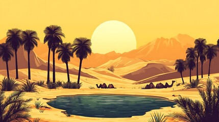 Wall Mural - Oasis in the Desert with Palm Trees and Camels at Sunset