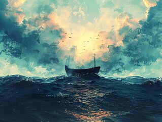 Wall Mural - A Ship Sailing Through a Stormy Sea at Sunset