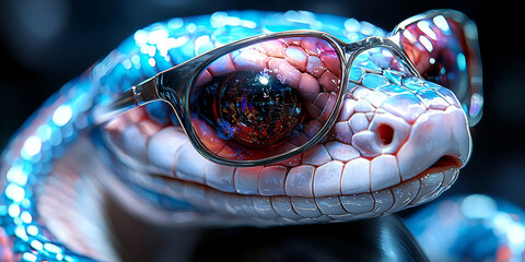 Wall Mural - A close-up of a snake wearing sunglasses, the reflection in the lenses shows a city scene.