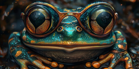 A close-up of a frog wearing round glasses, looking directly at the camera with its big, expressive eyes.