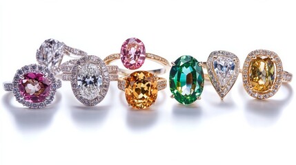 Sticker - assortment of colored gemstone rings with colored diamonds and gemstones arranged against a white background