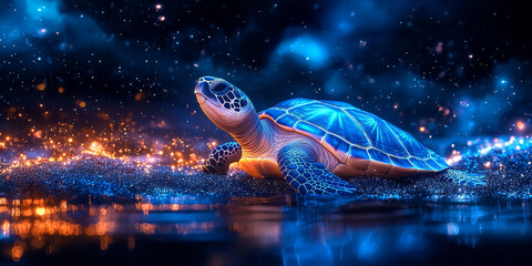 A glowing sea turtle swims through a field of twinkling lights.