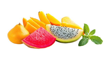 Tropical Fruit Medley: Slices of mango, watermelon, and dragon fruit arranged in a vibrant and refreshing still life, perfect for a healthy and delicious snack or a visually appealing ingredient for s