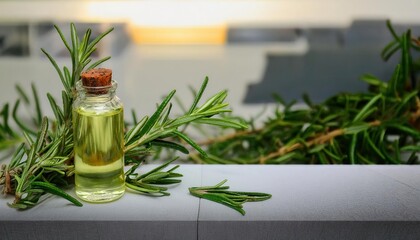 Wall Mural - A small bottle of herbal oil surrounded by rosemary sprigs placed on a modern kitchen counter.