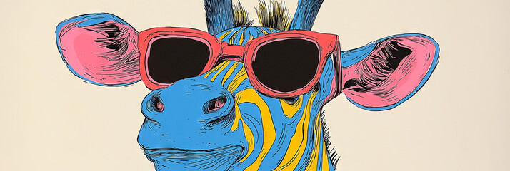 Poster - A colorful illustration of a zebra wearing pink sunglasses.