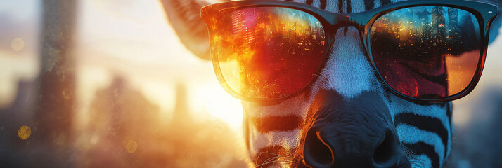 A zebra wearing sunglasses with a cityscape reflection.