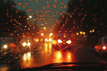 Wall Mural - Raindrops illuminated by streetlights as they hit the windshield during a night drive. 