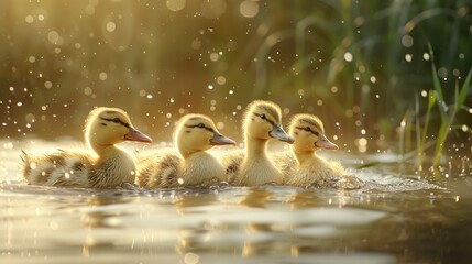 Wall Mural - Cute Ducklings Swimming in the Sunlight