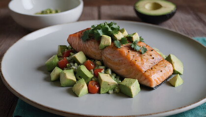 Wall Mural - cilantro lime baked salmon with avocado salsa on a plate