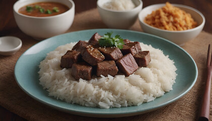 Wall Mural - ginger beef with rice on a plate