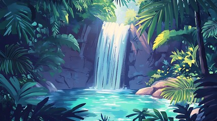 Lush Tropical Waterfall Pool Nature Landscape Illustration