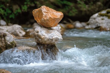 rock balancing in the river 