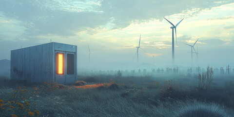 A small, metal building with a glowing window sits in a field of tall grass and wind turbines in the distance.