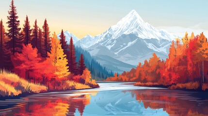 Autumn Mountain Lake with Colorful Trees and Reflections