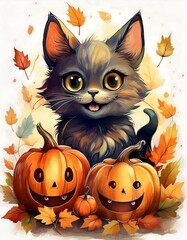 Canvas Print - Halloween artwork flyer. Playful Boo lettering in a bouncy, exaggerated font with cute cat, autumn leaves and pumpkins. Graphic art illustration poster. Ai Generative