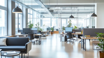 Modern office interior with large windows, plants, and ergonomic furniture, creating a vibrant and productive workspace.