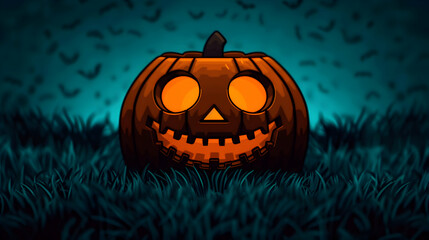 Wall Mural - Hallowenn Cartoon Pumpkin Grass Styl