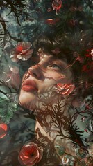 Wall Mural - Dreamy Portrait of a Woman Surrounded by Flowers