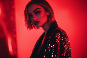 Womens Sequined Black Jacket in Solid Neon Red, Lifestyle Portrait, Fashion Background, Modern, Chic, Fashion forward Look