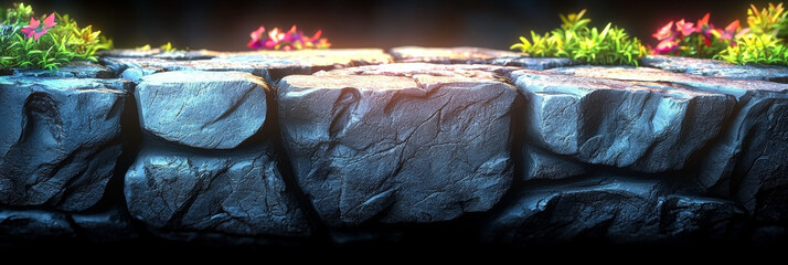 Canvas Print - Stone platform with glowing plants on the edge.