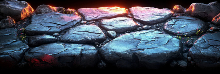 Wall Mural - A close-up of a rocky path with a glowing red light in the background.