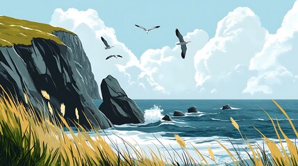 Sticker - Seagull Flight Over Coastal Cliffs and Grassy Shore