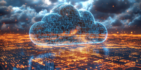 Abstract cloud computing concept with digital code.