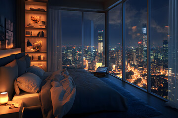 Wall Mural - View of cityscape at night from a cozy bedroom